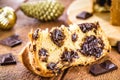Homemade chocolate panettone slice, punctual focus, typical Christmas dessert in several countries in the world like Brazil and