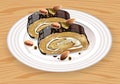 Homemade Chocolate and pistachio roll dessert on white plate Vector