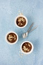 Homemade chocolate pudding in three white ceramic ramekins and teaspoons on light blue concrete background with copy space. Top Royalty Free Stock Photo