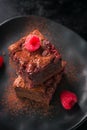 Homemade chocolate sweet brownies cakes with cherry and raspberries on a dark background Royalty Free Stock Photo