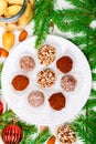 Homemade chocolate truffles with almonds, coconut and biscuits crumb in a white plate Royalty Free Stock Photo