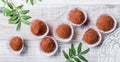 Homemade Chocolate truffles candy dessert on wooden background close up. Delicious chocolate praline with decor.