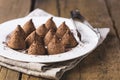 Homemade Chocolate Truffles With Cocoa Powder on a White Plate Old Wooden Background Tasty Candy Horizontal Royalty Free Stock Photo