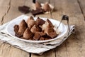 Homemade Chocolate Truffles With Cocoa Powder on a White Plate Old Wooden Background Tasty Candy Horizontal Royalty Free Stock Photo