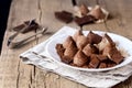 Homemade Chocolate Truffles With Cocoa Powder on a White Plate Old Wooden Background Tasty Candy Horizontal Royalty Free Stock Photo
