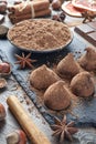 Homemade chocolate truffles sprinkled with cocoa powder and assorted chocolate with nuts and other spices Royalty Free Stock Photo