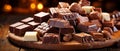 Homemade chocolates and pralines, chocolate covered fruits. Banner with variety of sweets.