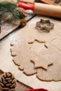 Homemade Christmas biscuits. Dough and cookie cutter on table, closeup