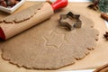 Homemade Christmas biscuits. Dough, rolling pin and cookie cutter on table, closeup