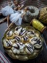 Homemade Christmas cookies with a cup of tea, top view over a rustic wood background Royalty Free Stock Photo