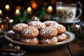 Homemade Christmas cookies on a plate and a glass of milk. Christmas baking concept. Royalty Free Stock Photo