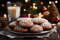 Homemade Christmas cookies on a plate and a glass of milk. Christmas baking concept. Royalty Free Stock Photo