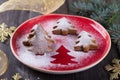 Homemade Christmas cookies in the shape of a Christmas tree, sprinkled with powdered sugar Royalty Free Stock Photo