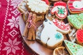 Homemade christmas gingerbread cookies on plate on wooden background. Snowflake, star, tree, snowman, deer shapes. Holiday, Royalty Free Stock Photo