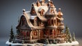 Homemade Christmas Gingerbread House displayed on a table. Christmas tree lights in the background Royalty Free Stock Photo