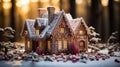 Homemade Christmas Gingerbread House displayed on a table. Christmas tree lights in the background Royalty Free Stock Photo