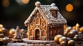 Homemade Christmas Gingerbread House displayed on a table. Christmas tree lights in the background Royalty Free Stock Photo