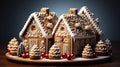 Homemade Christmas Gingerbread House displayed on a table. Christmas tree lights in the background Royalty Free Stock Photo