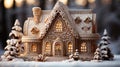 Homemade Christmas Gingerbread House displayed on a table. Christmas tree lights in the background Royalty Free Stock Photo