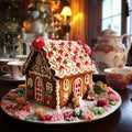 Homemade Christmas Gingerbread House displayed on a table. Christmas tree lights in the background. Generative ai Royalty Free Stock Photo