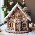Homemade Christmas Gingerbread House displayed on a table. Christmas tree lights in the background. Generative ai Royalty Free Stock Photo