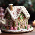 Homemade Christmas Gingerbread House displayed on a table. Christmas tree lights in the background. Generative ai Royalty Free Stock Photo