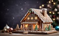 Homemade Christmas gingerbread house on the table. Christmas tree lights in the background Royalty Free Stock Photo