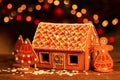 Homemade christmas gingerbread house on a table. Christmas tree lights on the background Royalty Free Stock Photo