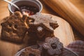 Homemade Christmas gingerbread and linzer cookies with jam, powdered, close up, soft haze effect, vintage