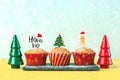 Homemade christmas muffins with fun christmas signs and christmas trees. Christmas sweet concept