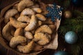 Homemade Christmas nuts cookies vanilla crescent with sugar powder in Christmas decorations. New Year and Christmas celebration Royalty Free Stock Photo