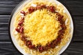 Homemade Cincinnati Chili Spaghetti with Red beans Cheese and Onion close up in the plate. Horizontal top view Royalty Free Stock Photo