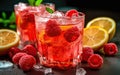 Homemade citrus and raspberry lemonade with ice. Summer cool drinks. Created with generative AI technology