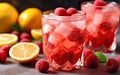 Homemade citrus and raspberry lemonade with ice. Summer cool drinks. Royalty Free Stock Photo