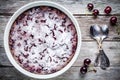 Homemade Clafoutis pie with cherries on a rustic wooden table Royalty Free Stock Photo