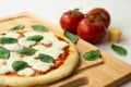 Homemade classic italian napoli pizza with tomato sauce, mozzarella cheese and basil leaves: pizza napoletana. Royalty Free Stock Photo