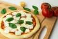 Homemade classic italian napoli pizza with tomato sauce, mozzarella cheese and basil leaves: pizza napoletana. Royalty Free Stock Photo