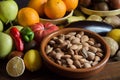 A homemade clay bowl filled with whole almonds in their shell on an old wooden table with fruits, and vegetables, .