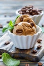 Homemade coffee ice cream and mint leaves. Royalty Free Stock Photo