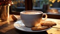 Homemade coffee shop drink cappuccino, cookie, and milk generated by AI