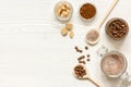 Homemade coffee-sugar scrub top view wooden background