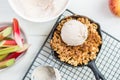 Homemade cooked rhubarb and apple crumble with oatmeal and vanilla ice cream Royalty Free Stock Photo