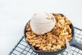 Homemade cooked rhubarb and apple crumble with oatmeal and vanil Royalty Free Stock Photo