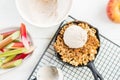 Homemade cooked rhubarb and apple crumble with oatmeal and vanilla ice cream Royalty Free Stock Photo