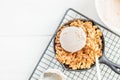 Homemade cooked rhubarb and apple crumble with oatmeal and vanilla ice cream Royalty Free Stock Photo