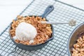 Homemade cooked rhubarb and apple crumble with oatmeal and vanil Royalty Free Stock Photo