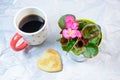Homemade cookies,heart shape,Begonia and a cup of black coffee