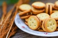 Homemade cookies with jam pineapple on wood table - biscuits cookies on plate for snack cracker Royalty Free Stock Photo