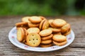 Homemade cookies with jam pineapple on wood table - biscuits cookies on plate for snack cracker Royalty Free Stock Photo