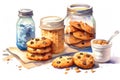 Homemade cookies with pieces of chocolate in watercolor style. Sweets, the recipe.